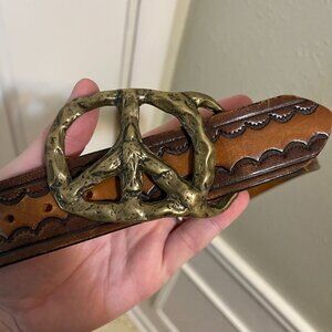 Leather Belt with Brass Belt Buckle - Size 38 - Peace Sign